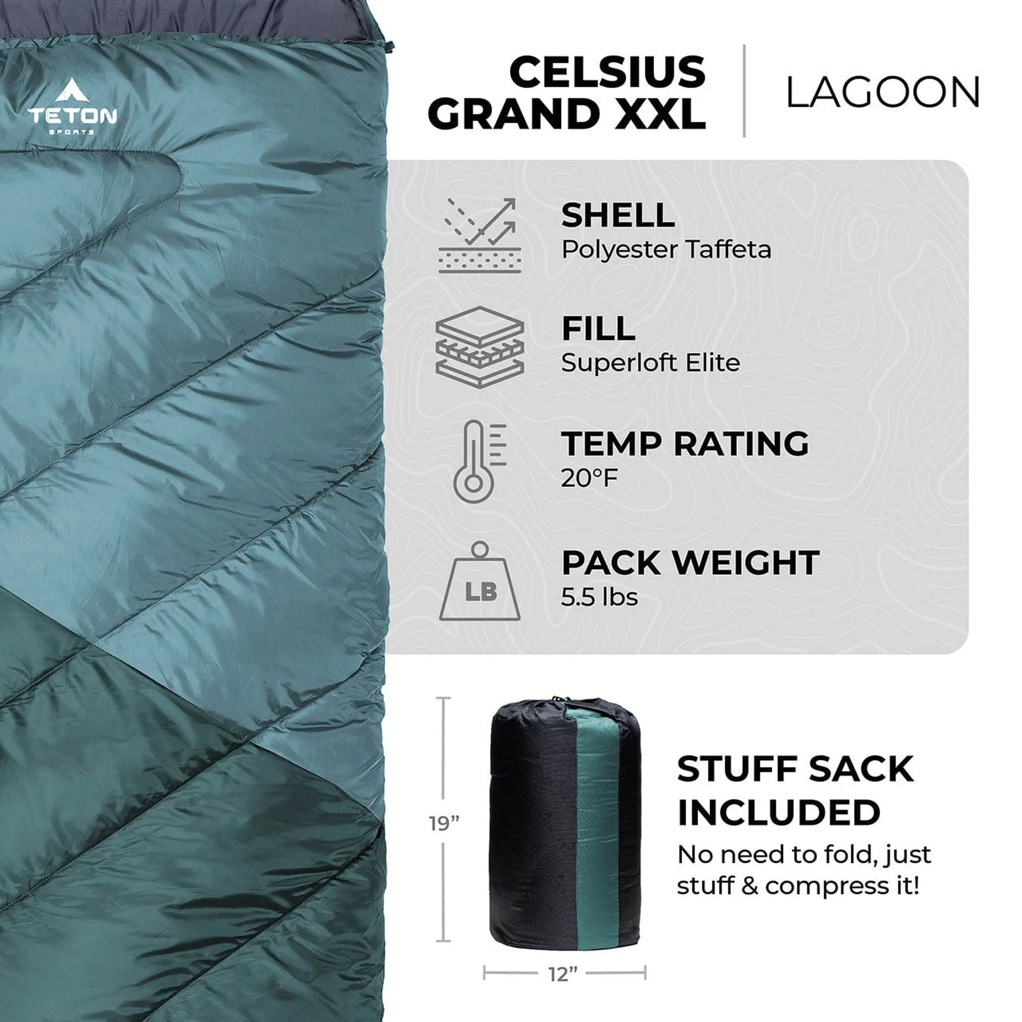 Teton Sports Celsius Grand XXL -7˚c/20˚f Sleeping Bag in Ivy and Grey