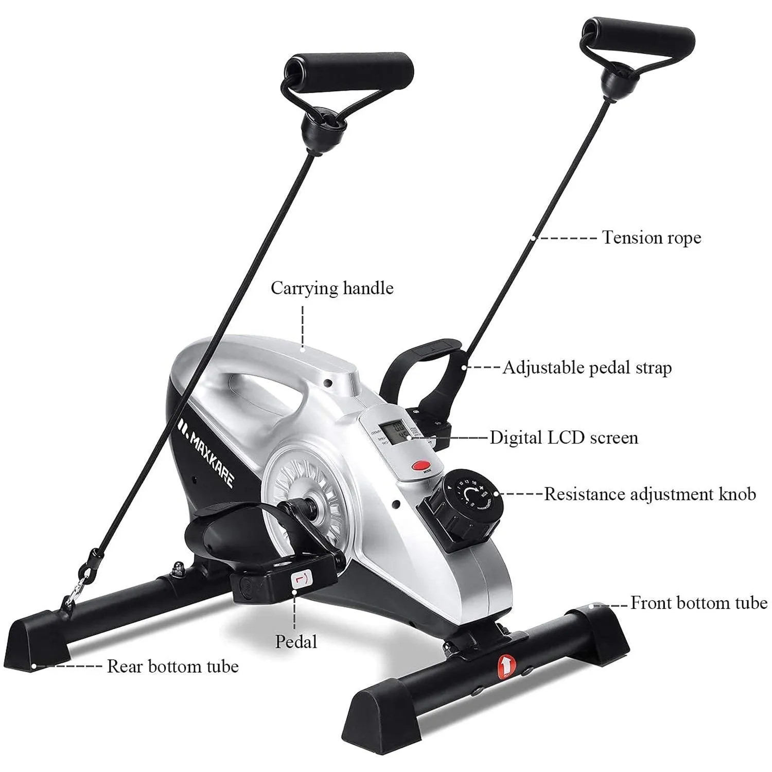 Under Desk Bike Pedal Exerciser 2 in 1 Stationary Magnetic Exercise Bike with LCD Monitor for Arm Leg Body Workout for Men and Women at Home and Office (Resistance Bands Included)