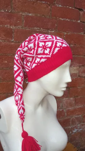 Winter Pixie Hat, all over seasonal coloured fair isle pattern, one size fits all, unisex ski hat