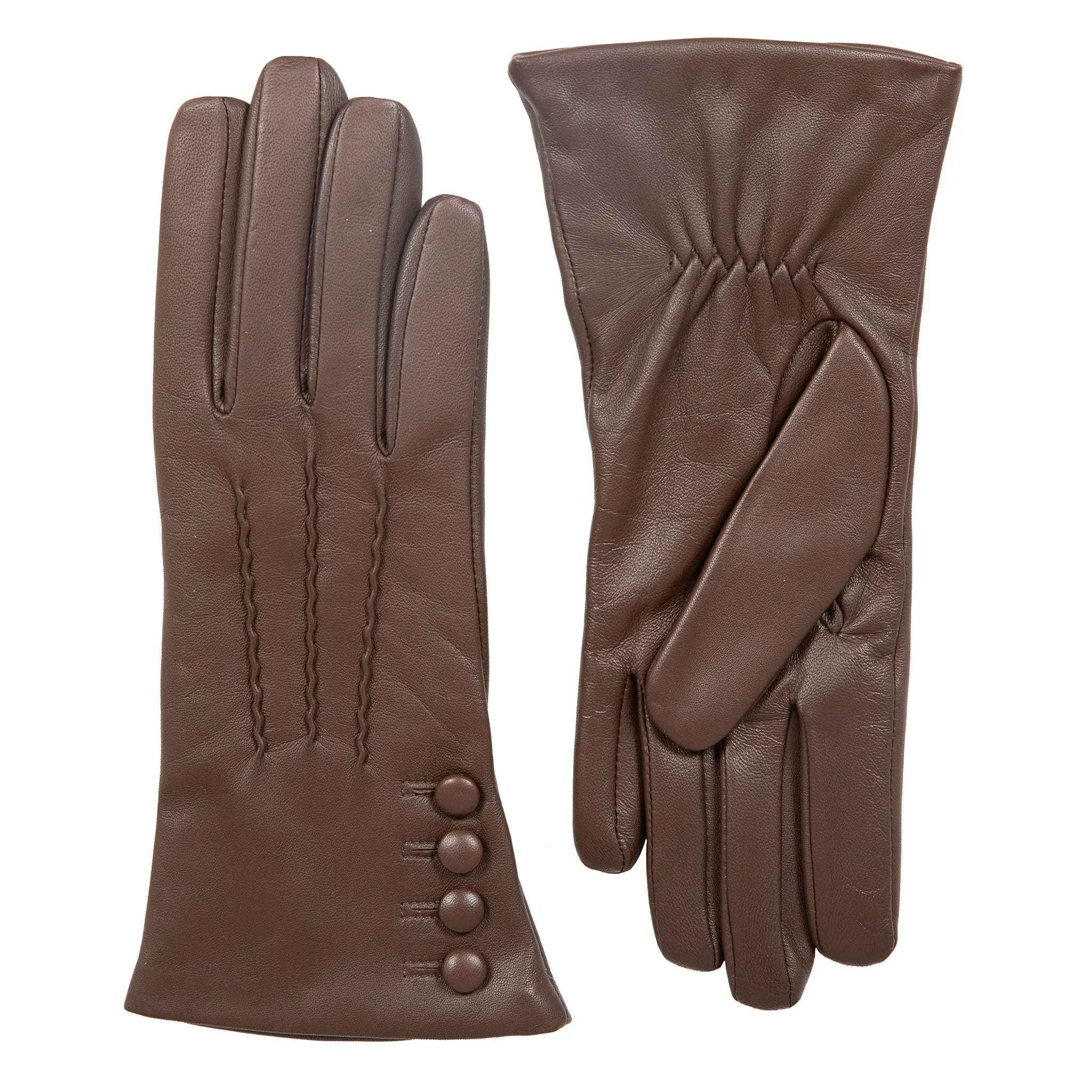 Women’s Touchscreen Three-Point Cashmere-Lined Leather Gloves with Buttons