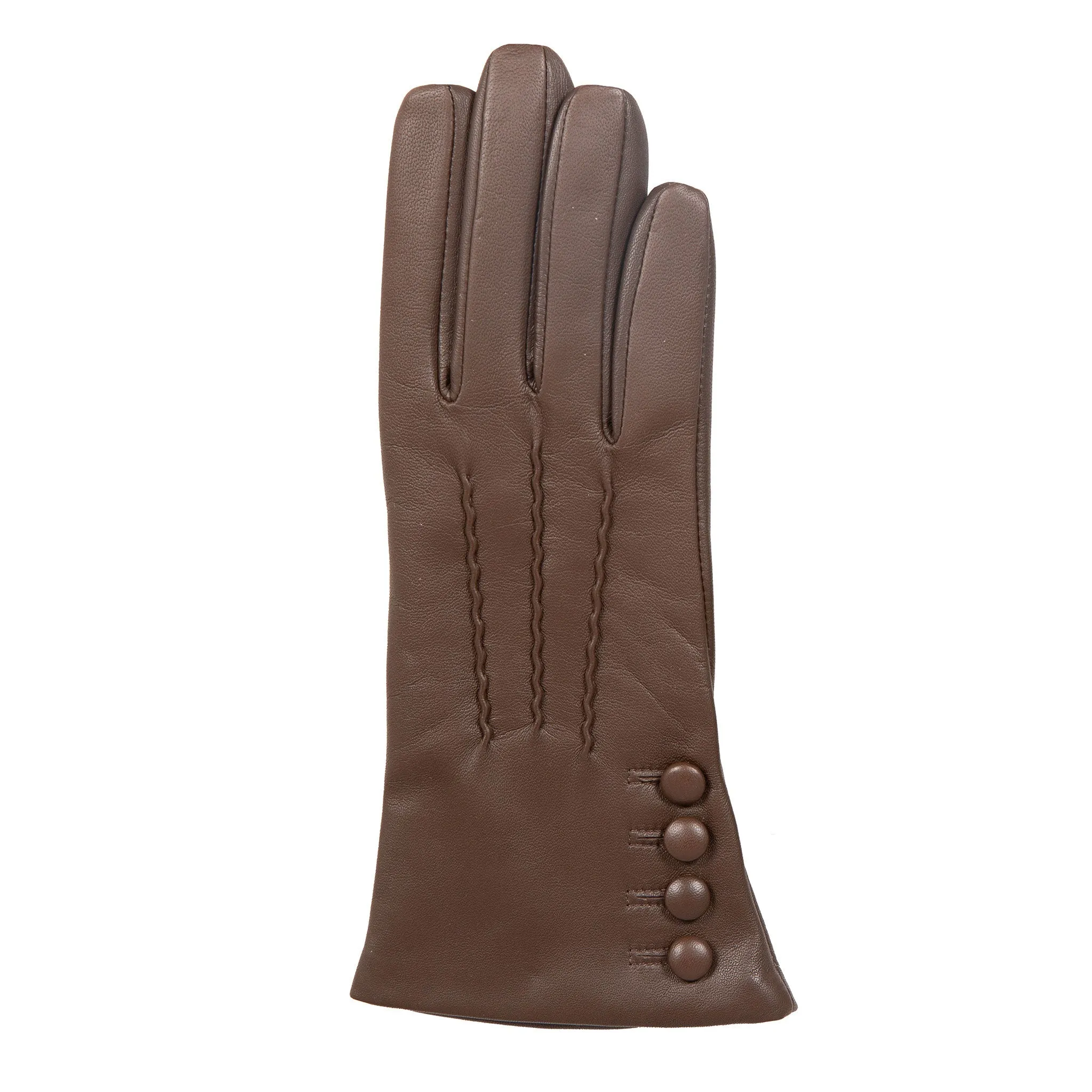 Women’s Touchscreen Three-Point Cashmere-Lined Leather Gloves with Buttons