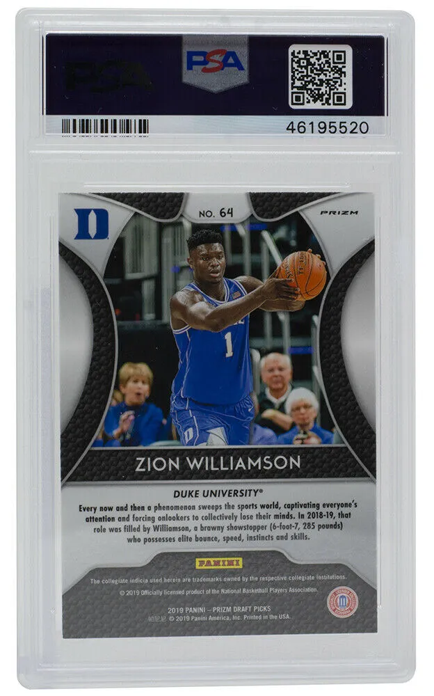 Zion Williamson Duke 2019 Panini Prizm DP Pink Pulsar #64 Card PSA GEM MT 10